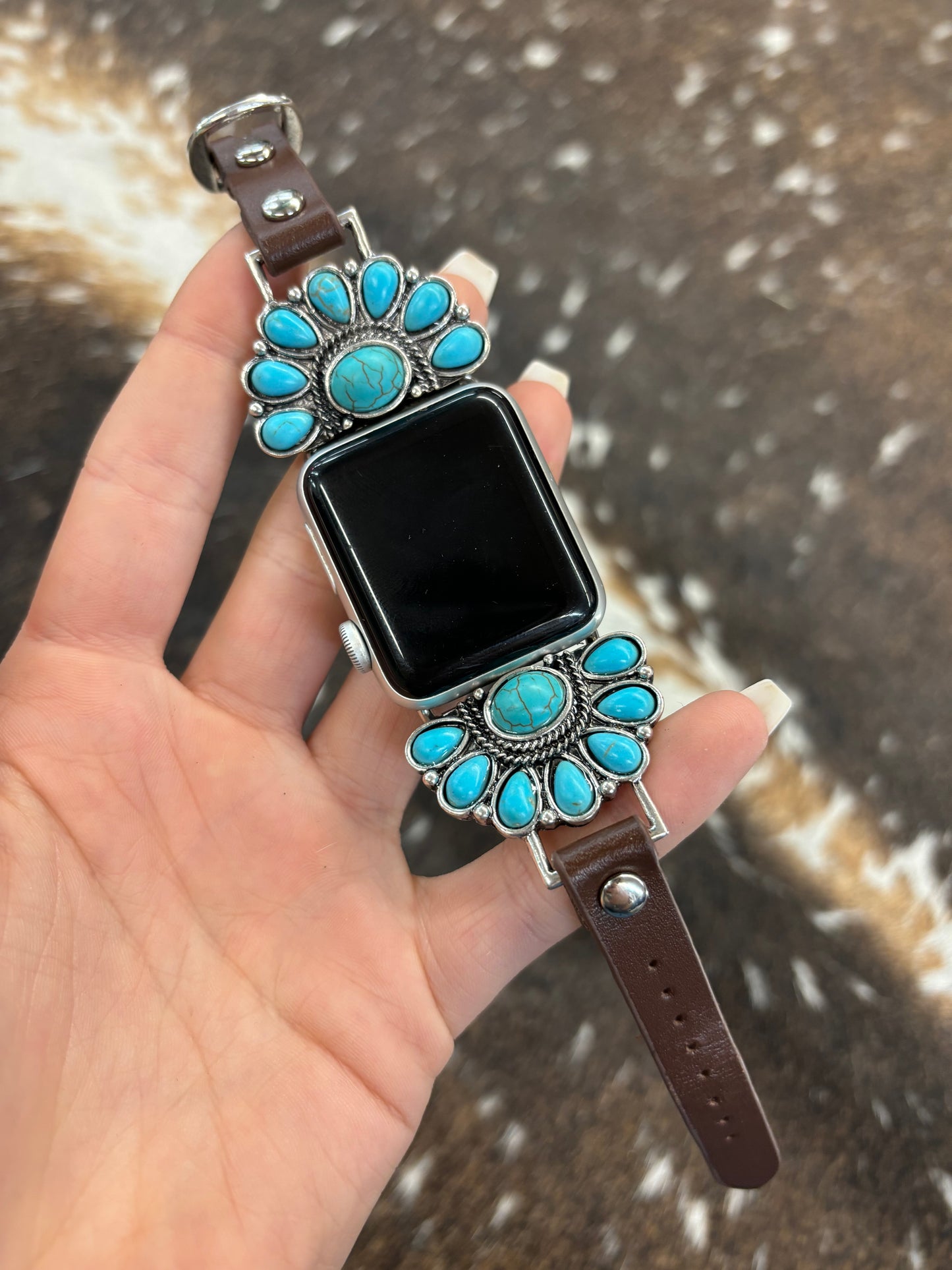 The Turquoise Half Cluster Leather Watch Band