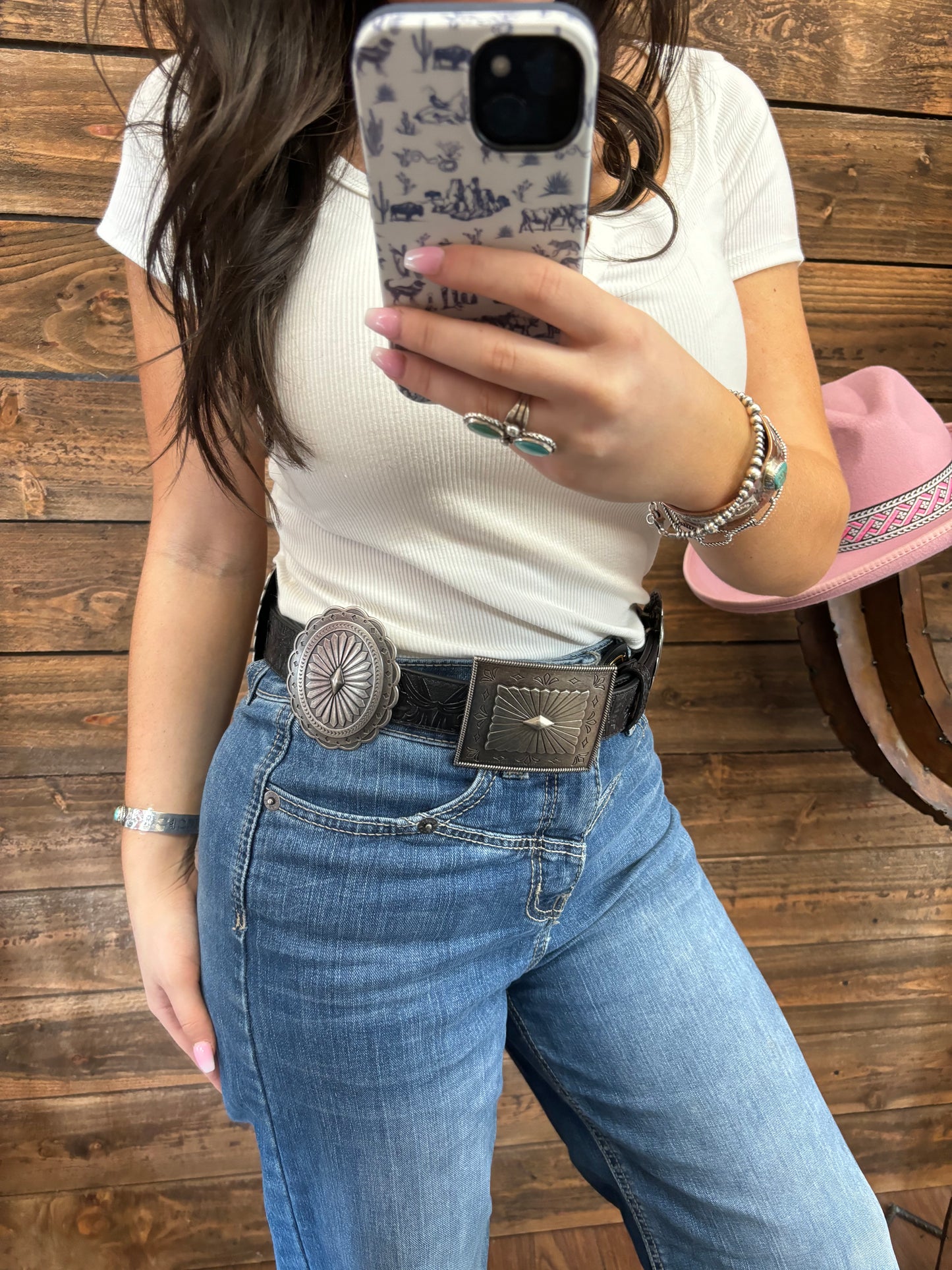 The Ariat Black Tooled Oval and Rectangle Concho Belt
