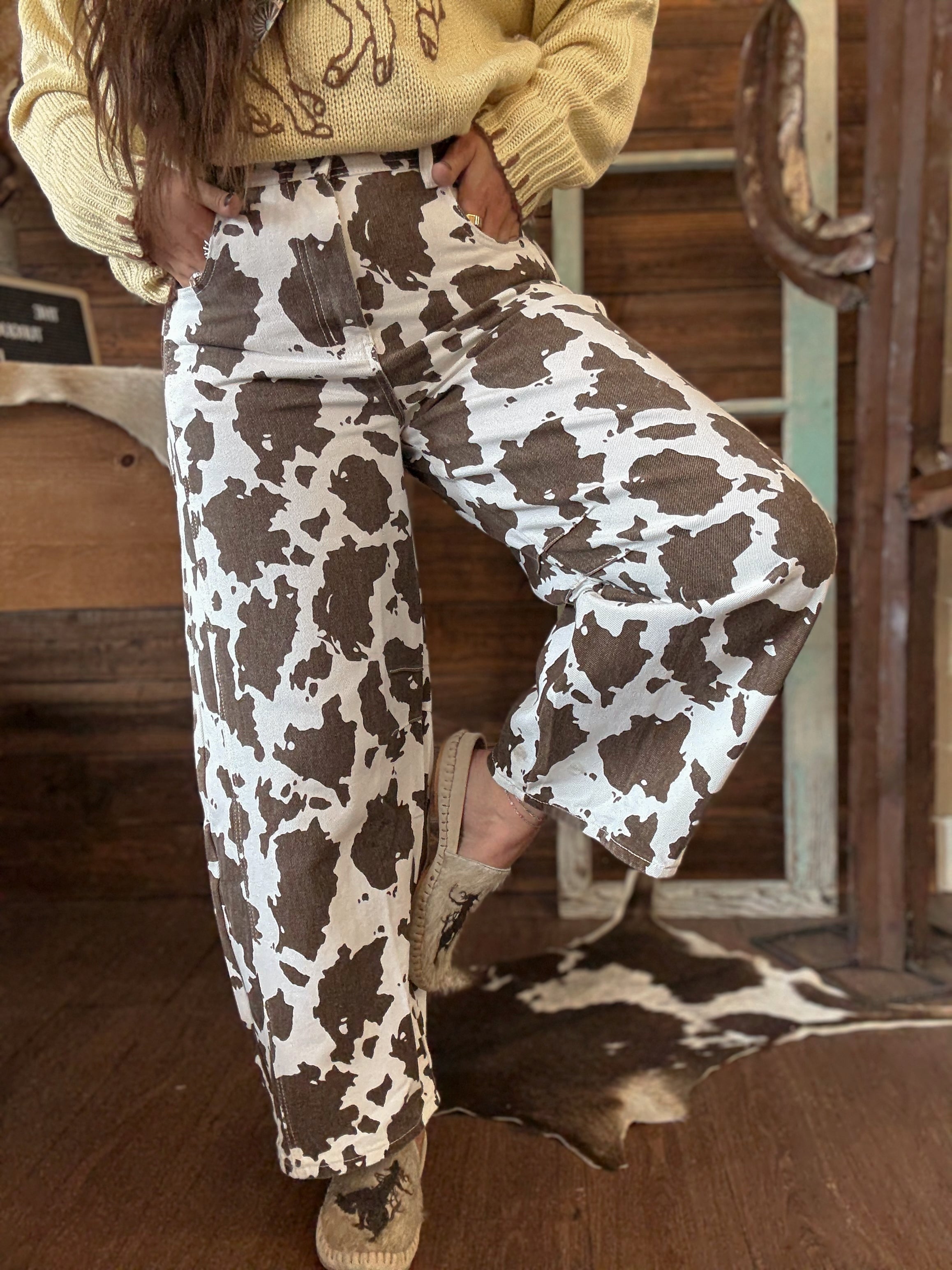 The Ines Cow Print Barrel Jeans