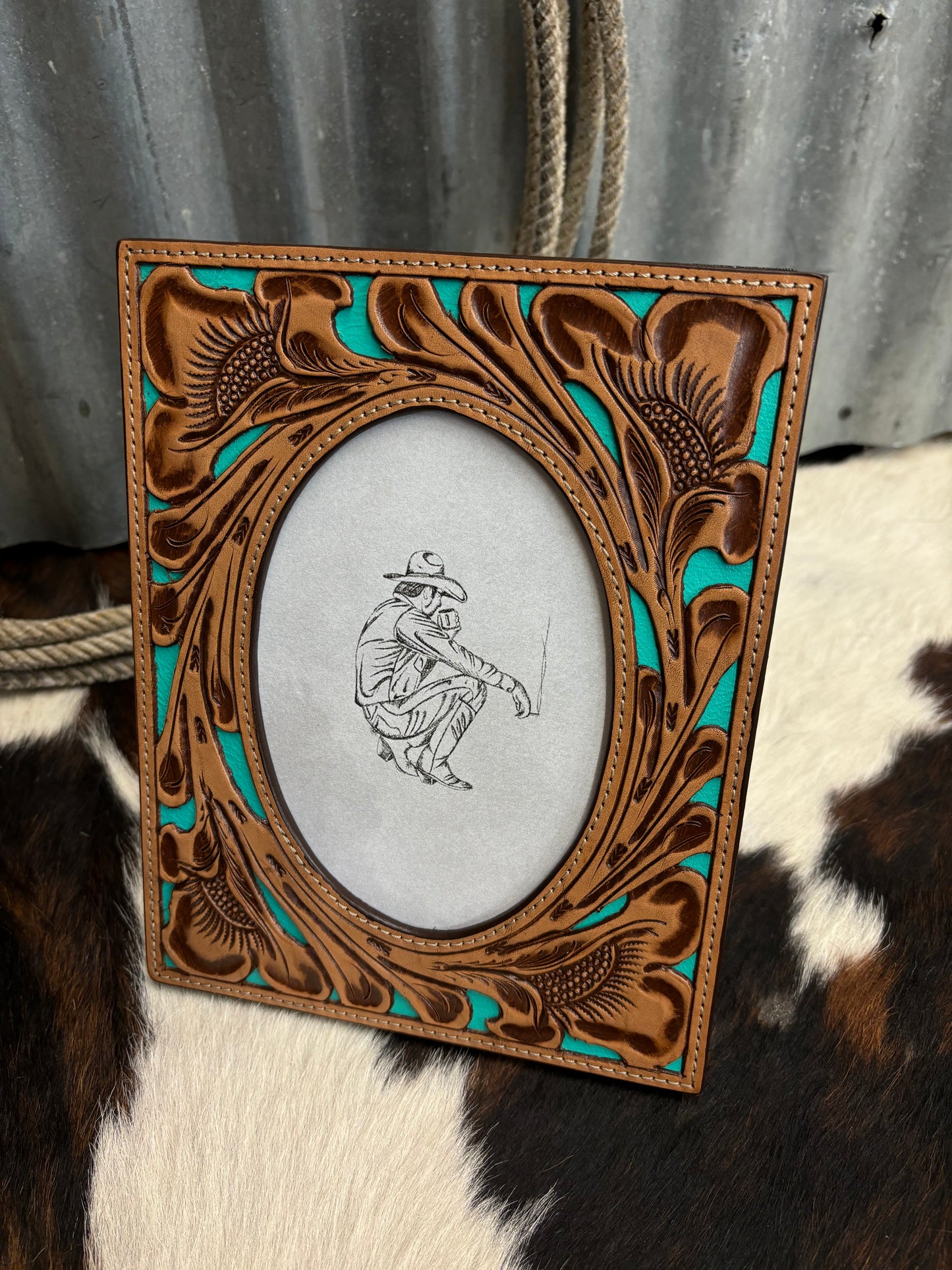 The Tooled Leather Turquoise Large Frame