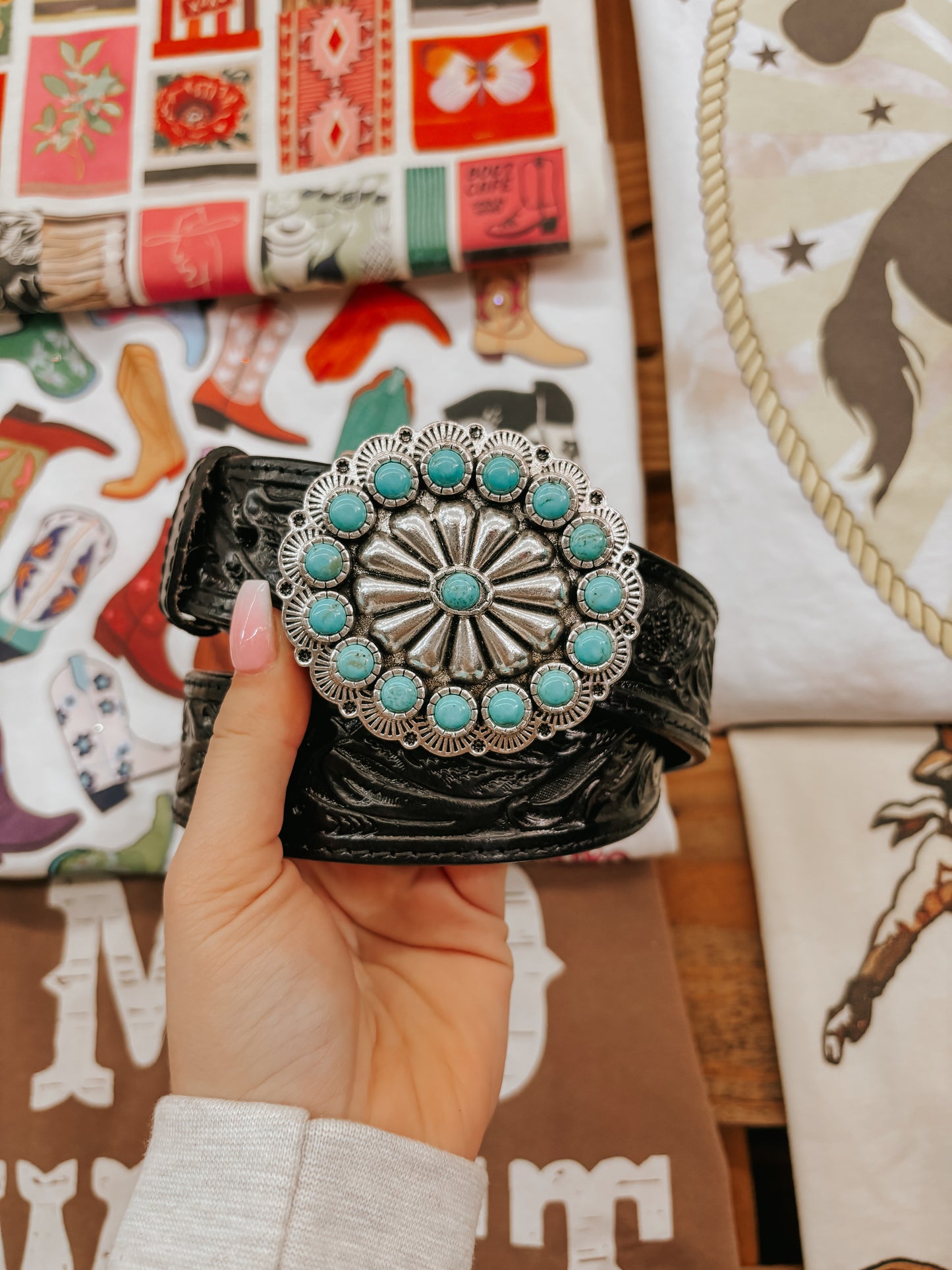 The Turquoise and Silver Round Concho Belt Buckle