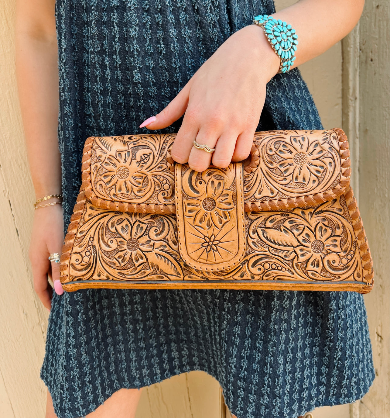 The American Darling Antique Tan Tooled Leather Purse