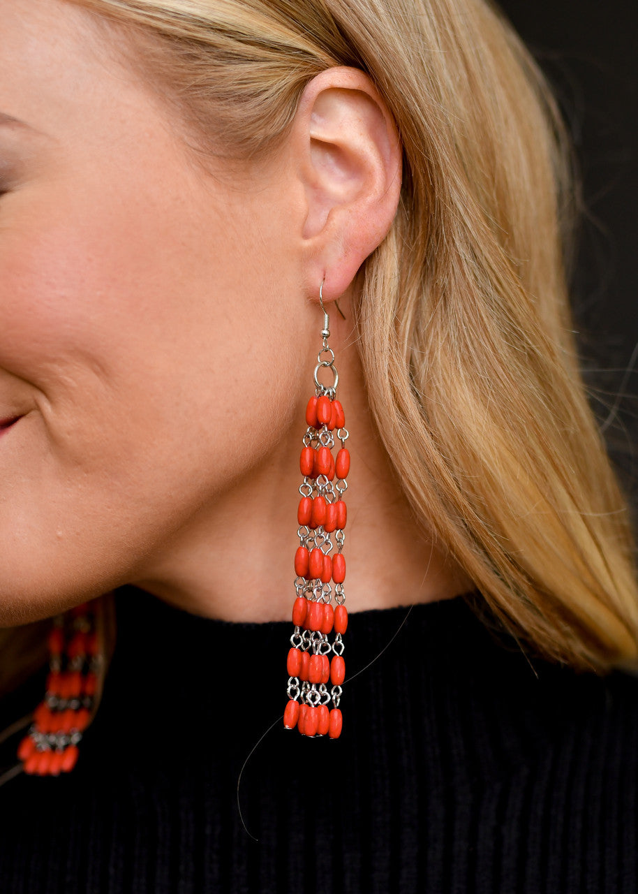 The Red Beaded Tassel Earrings