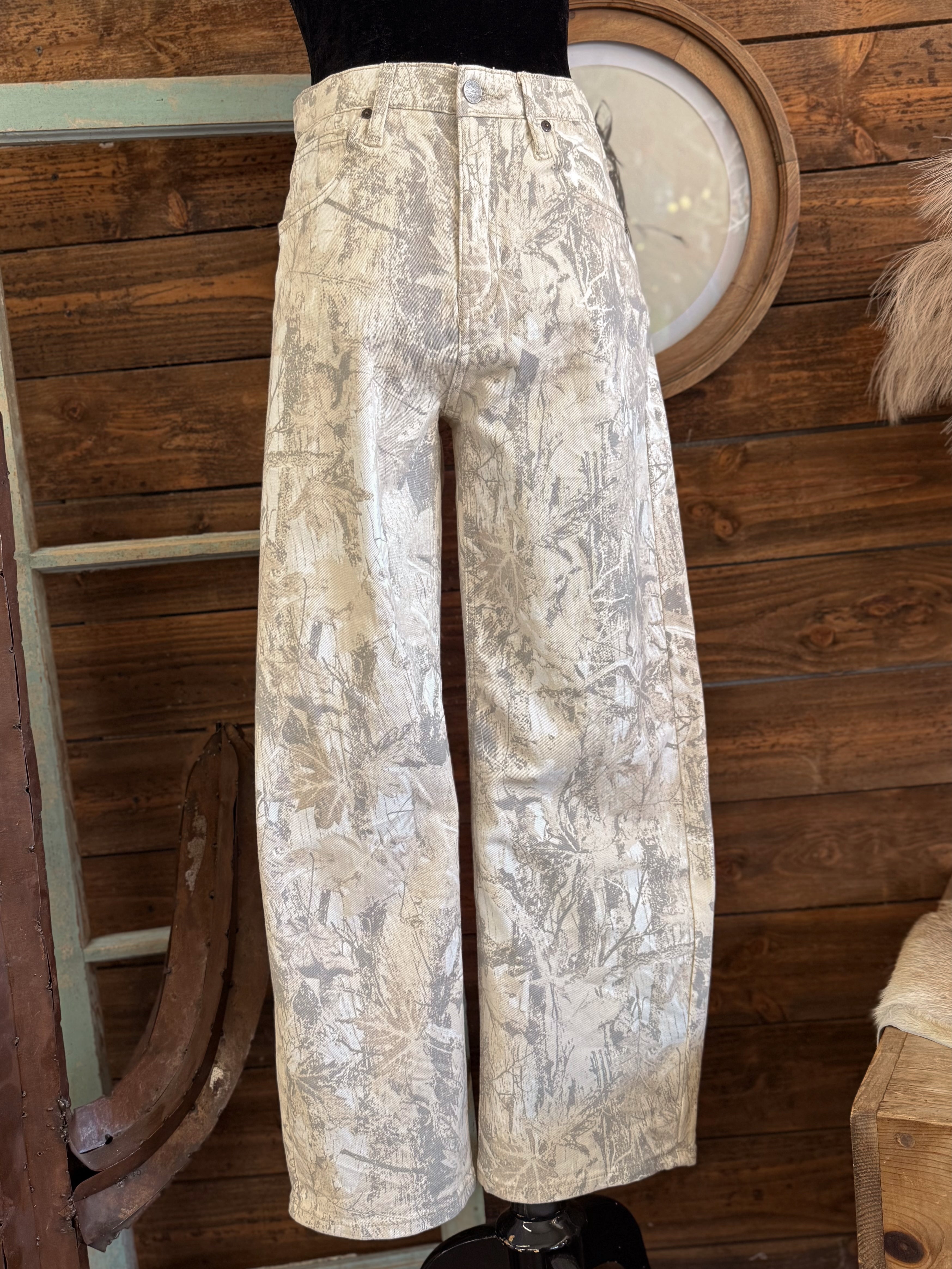 The Saige Camo Barrel Jeans