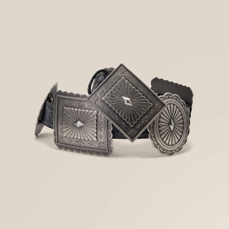 The Ariat Black Tooled Oval and Rectangle Concho Belt