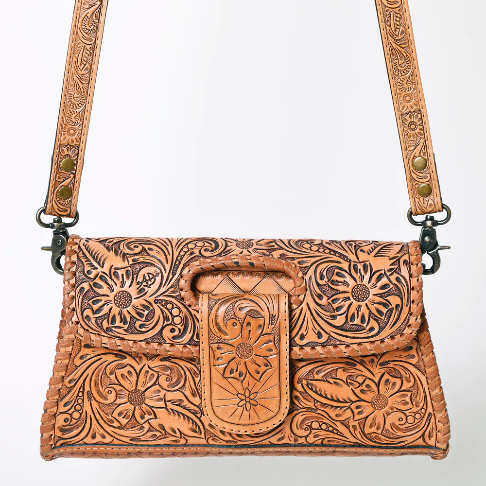 The American Darling Antique Tan Tooled Leather Purse
