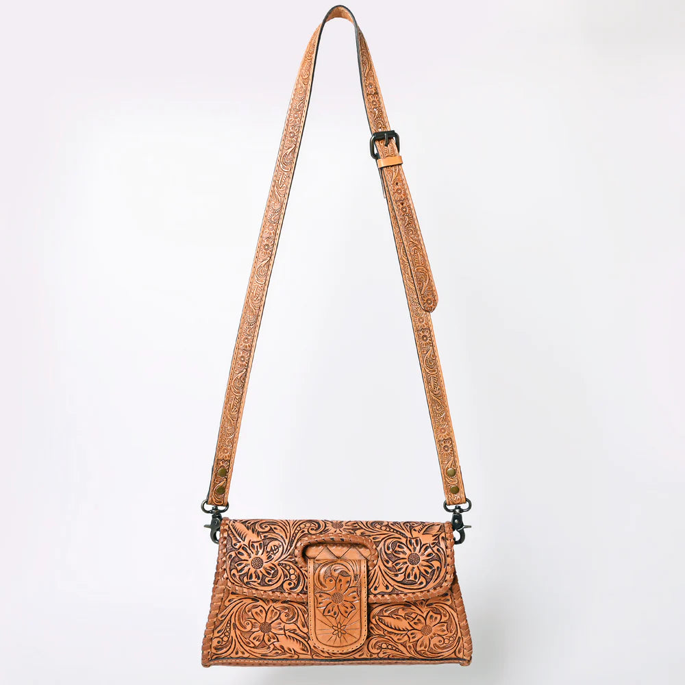 The American Darling Antique Tan Tooled Leather Purse