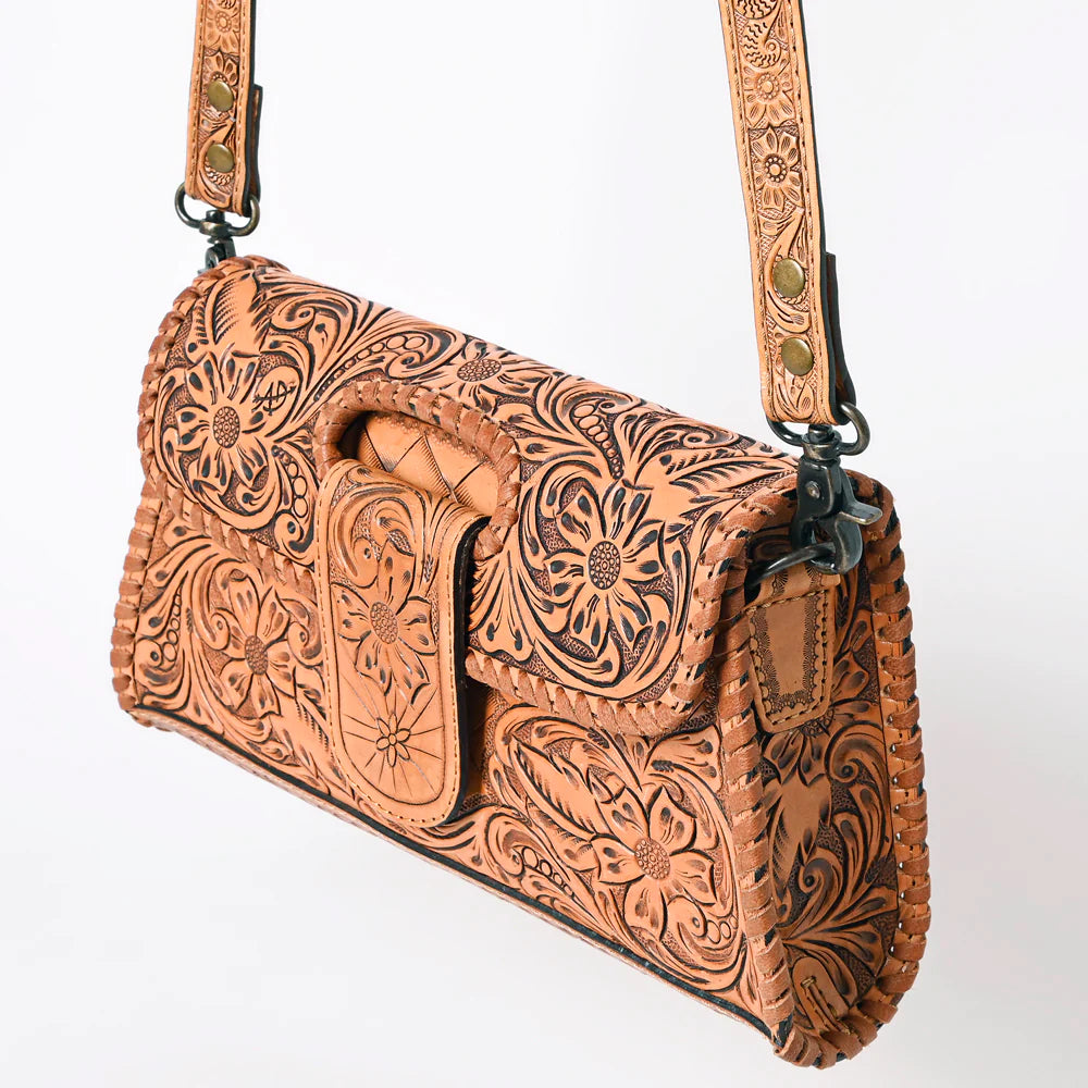 The American Darling Antique Tan Tooled Leather Purse