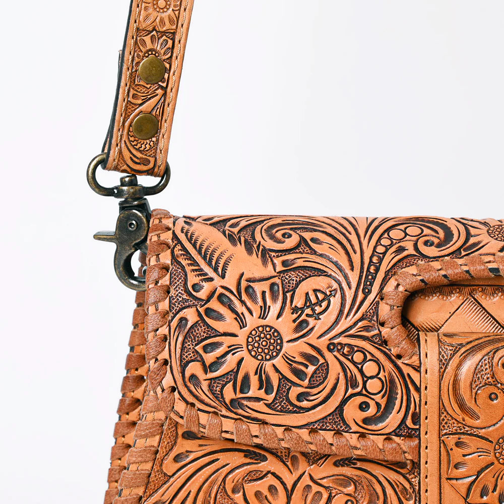 The American Darling Antique Tan Tooled Leather Purse
