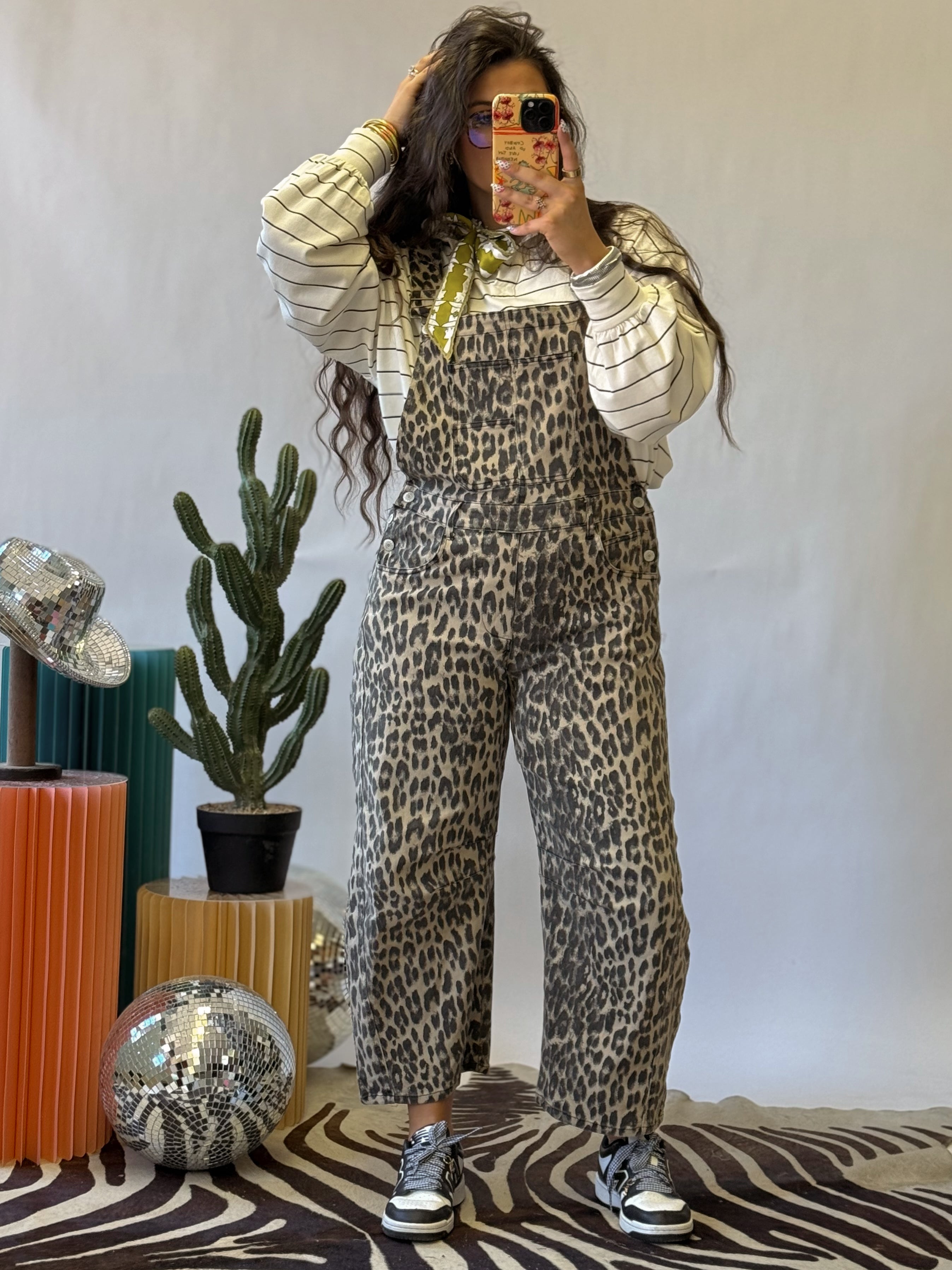 The Lala Leopard Barrel Overalls