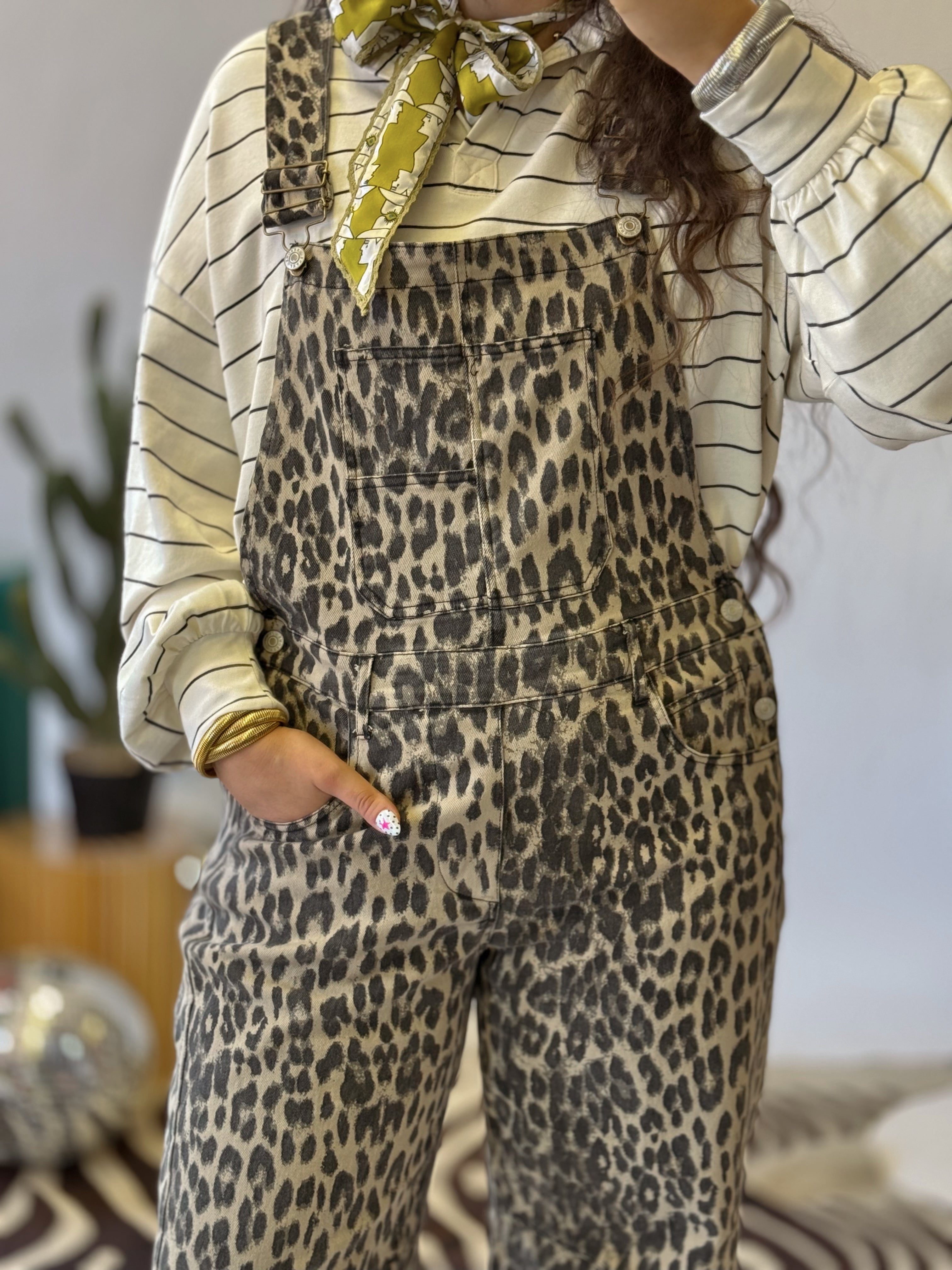 The Lala Leopard Barrel Overalls