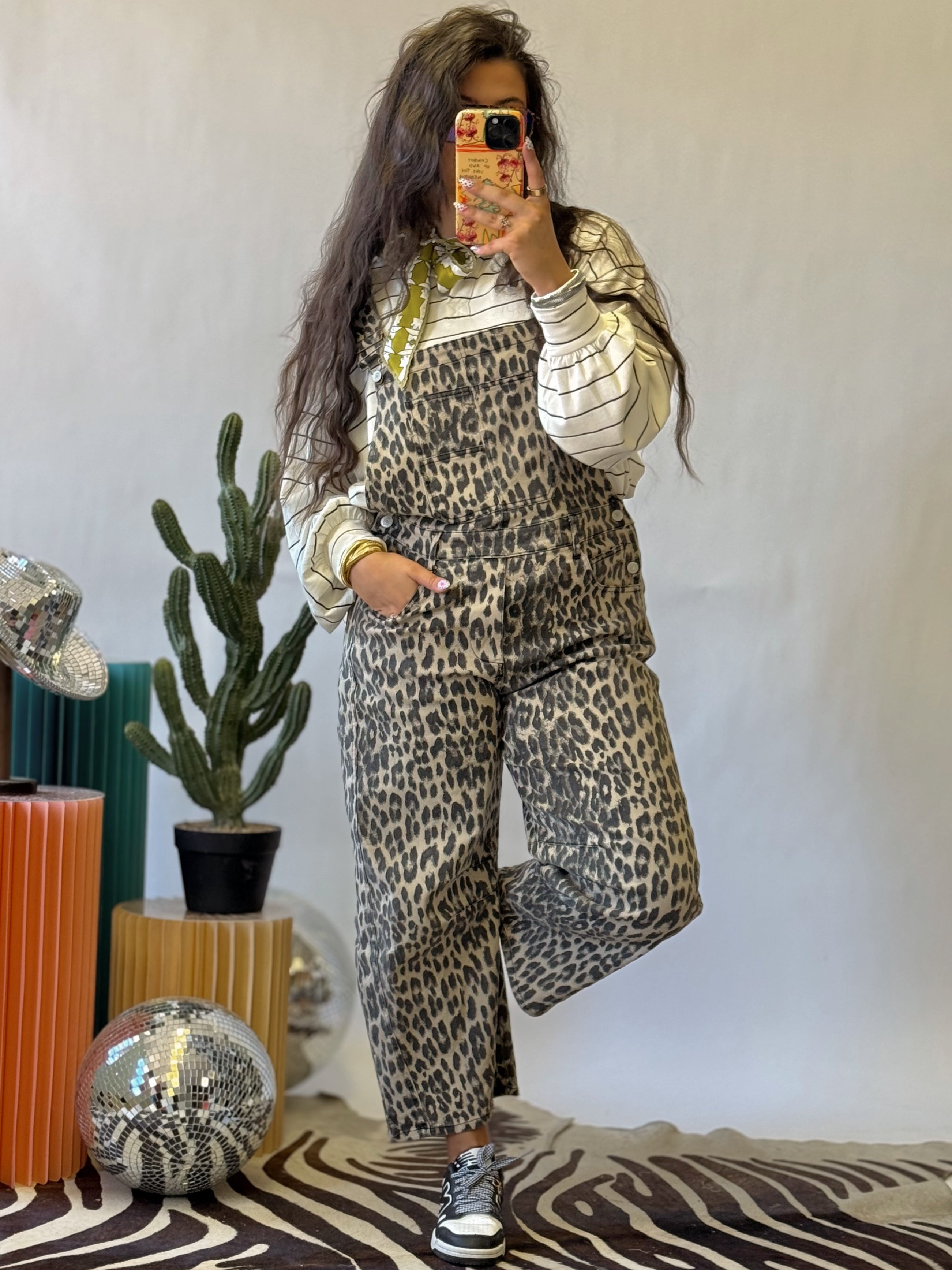 The Lala Leopard Barrel Overalls