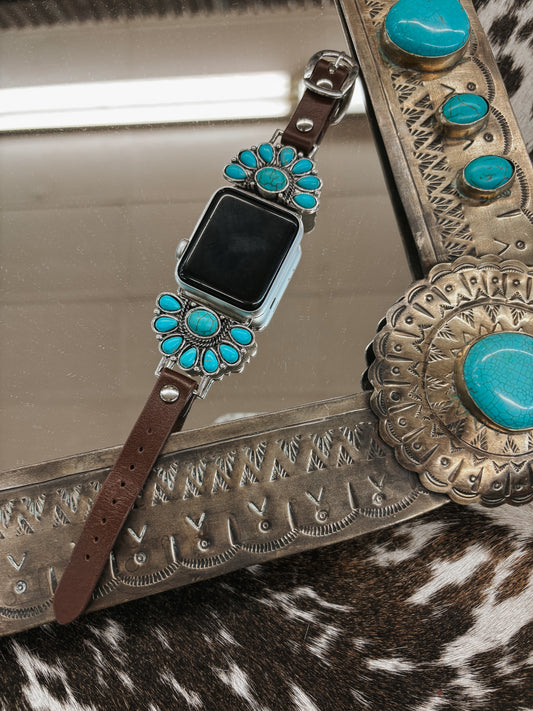 The Turquoise Half Cluster Leather Watch Band
