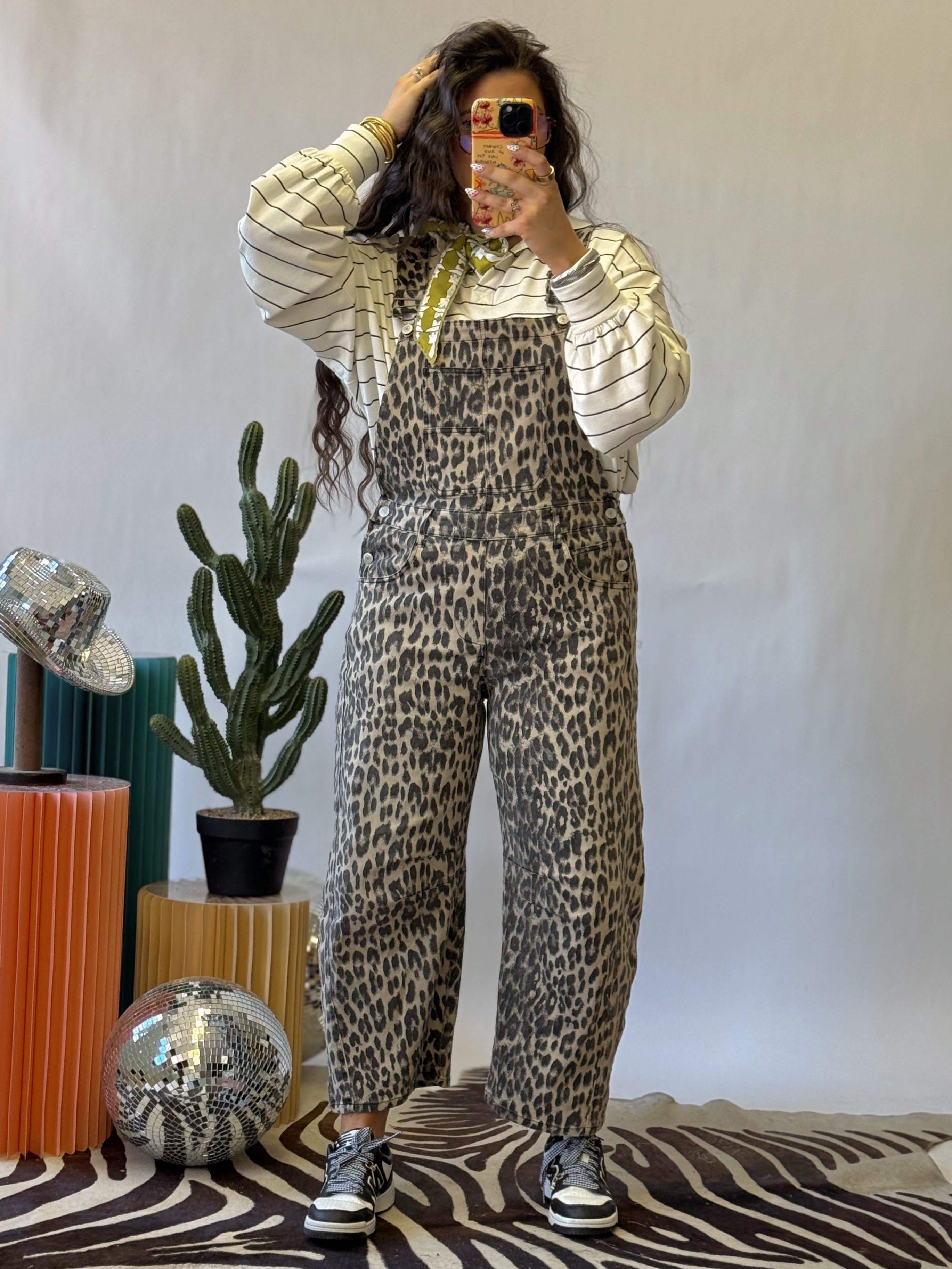 The Lala Leopard Barrel Overalls