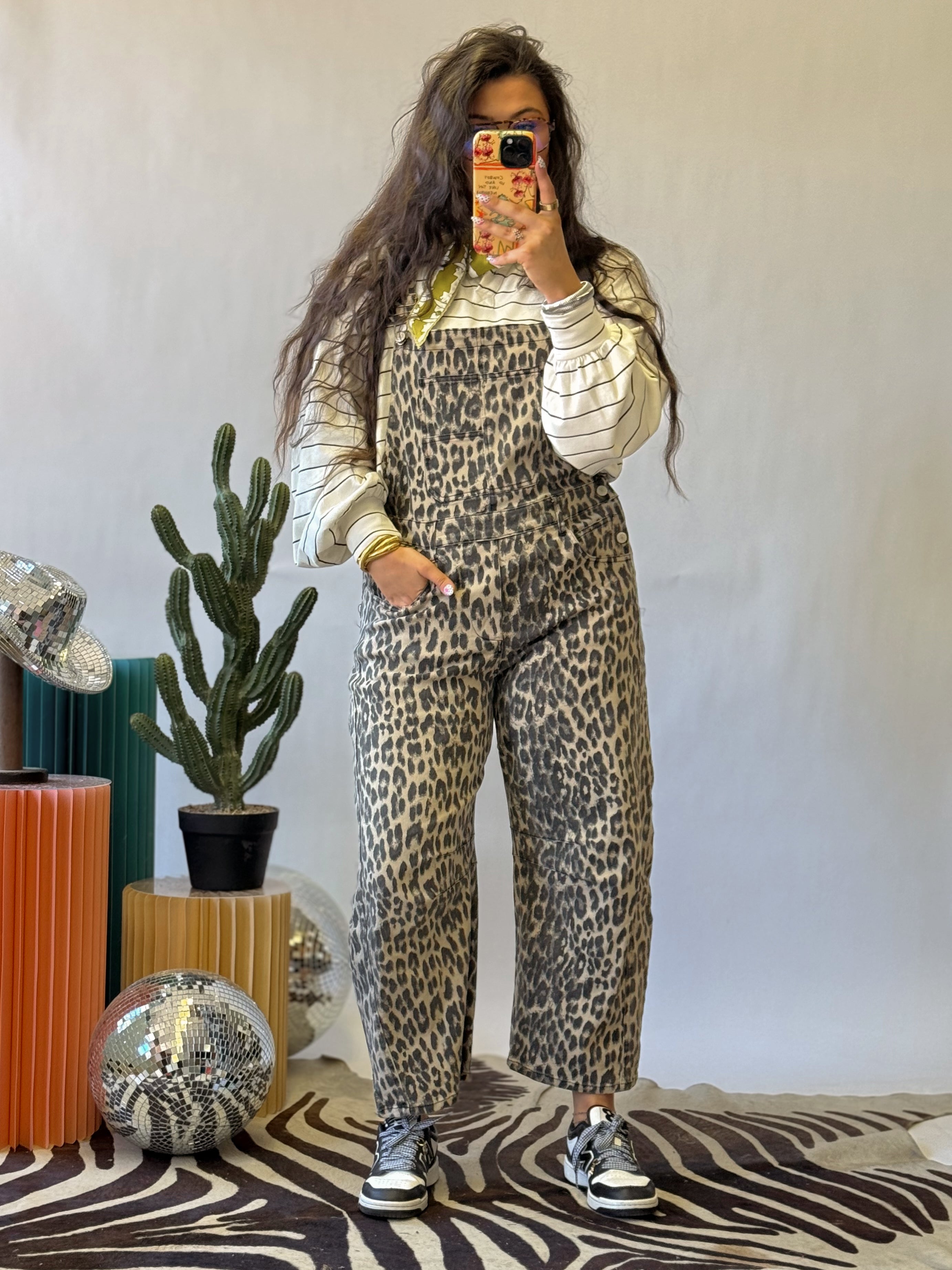 The Lala Leopard Barrel Overalls