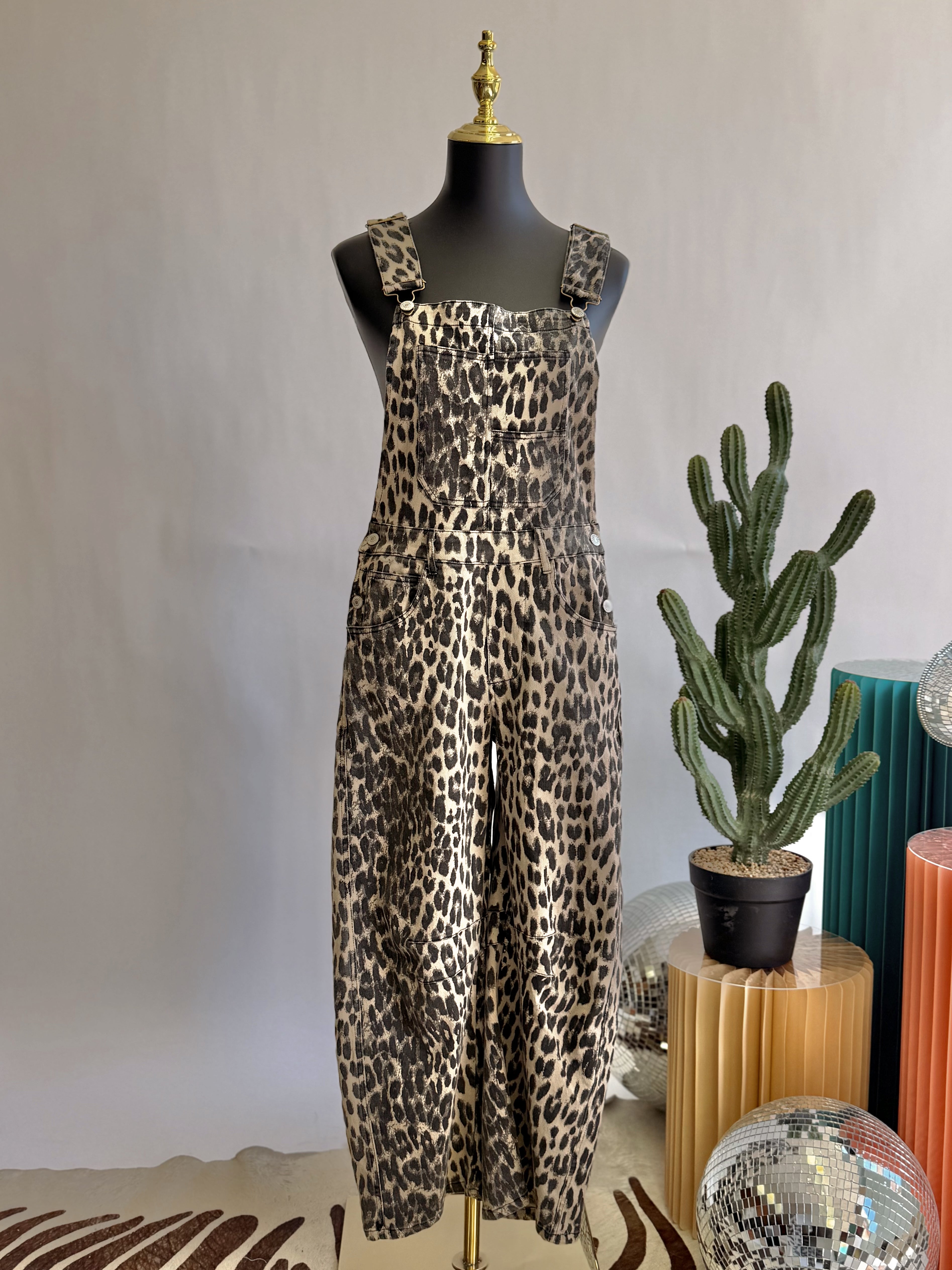 The Lala Leopard Barrel Overalls