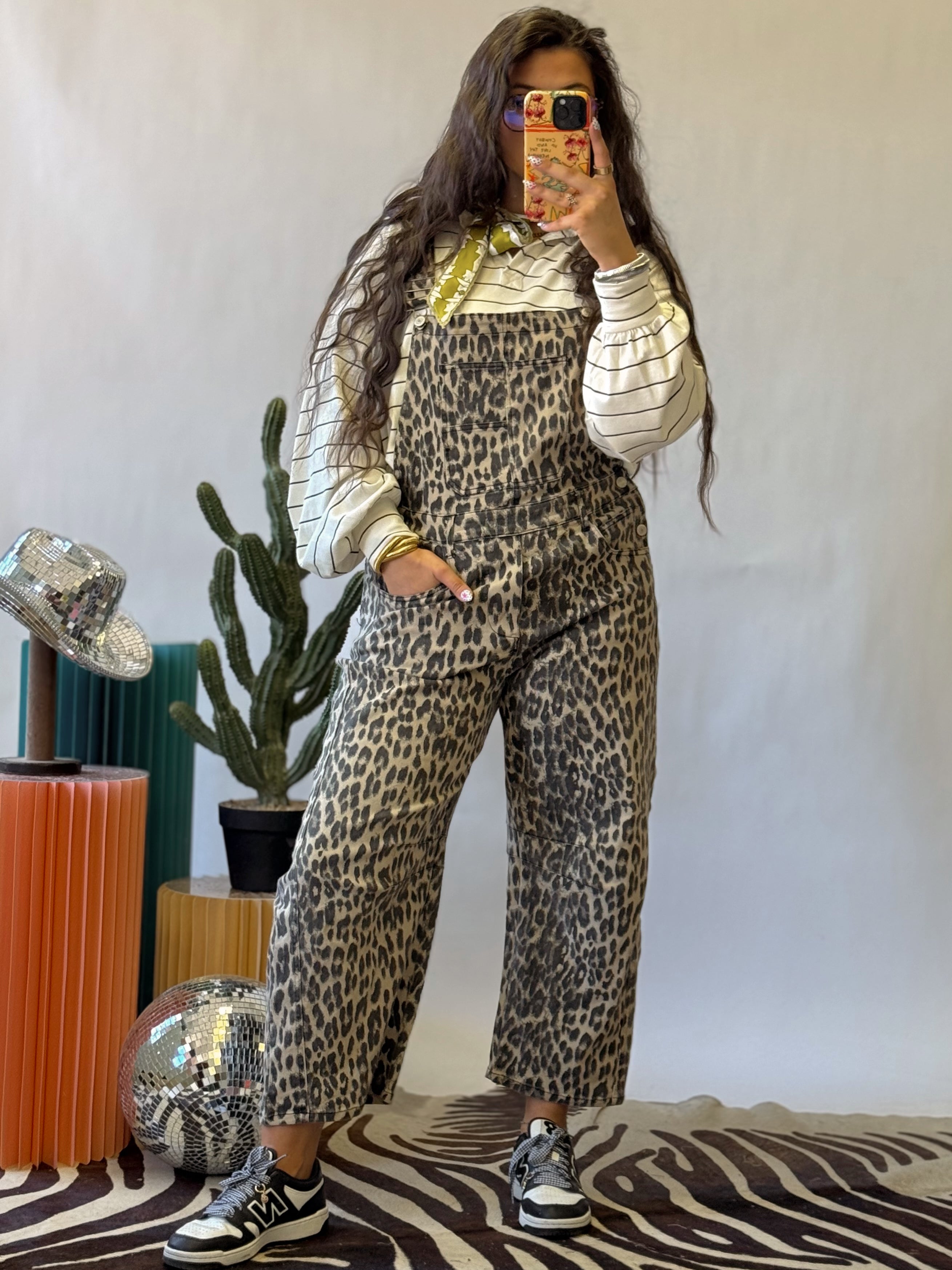The Lala Leopard Barrel Overalls
