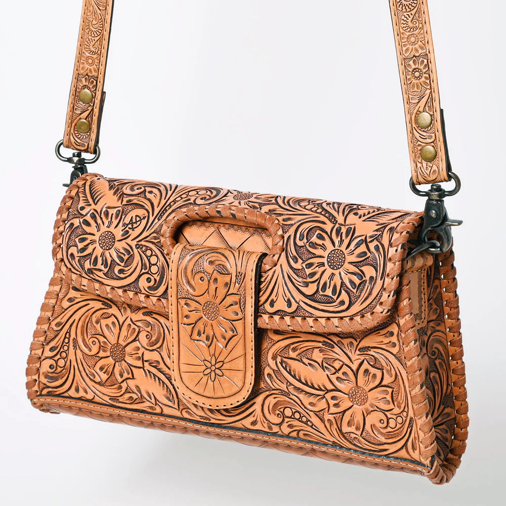 The American Darling Antique Tan Tooled Leather Purse