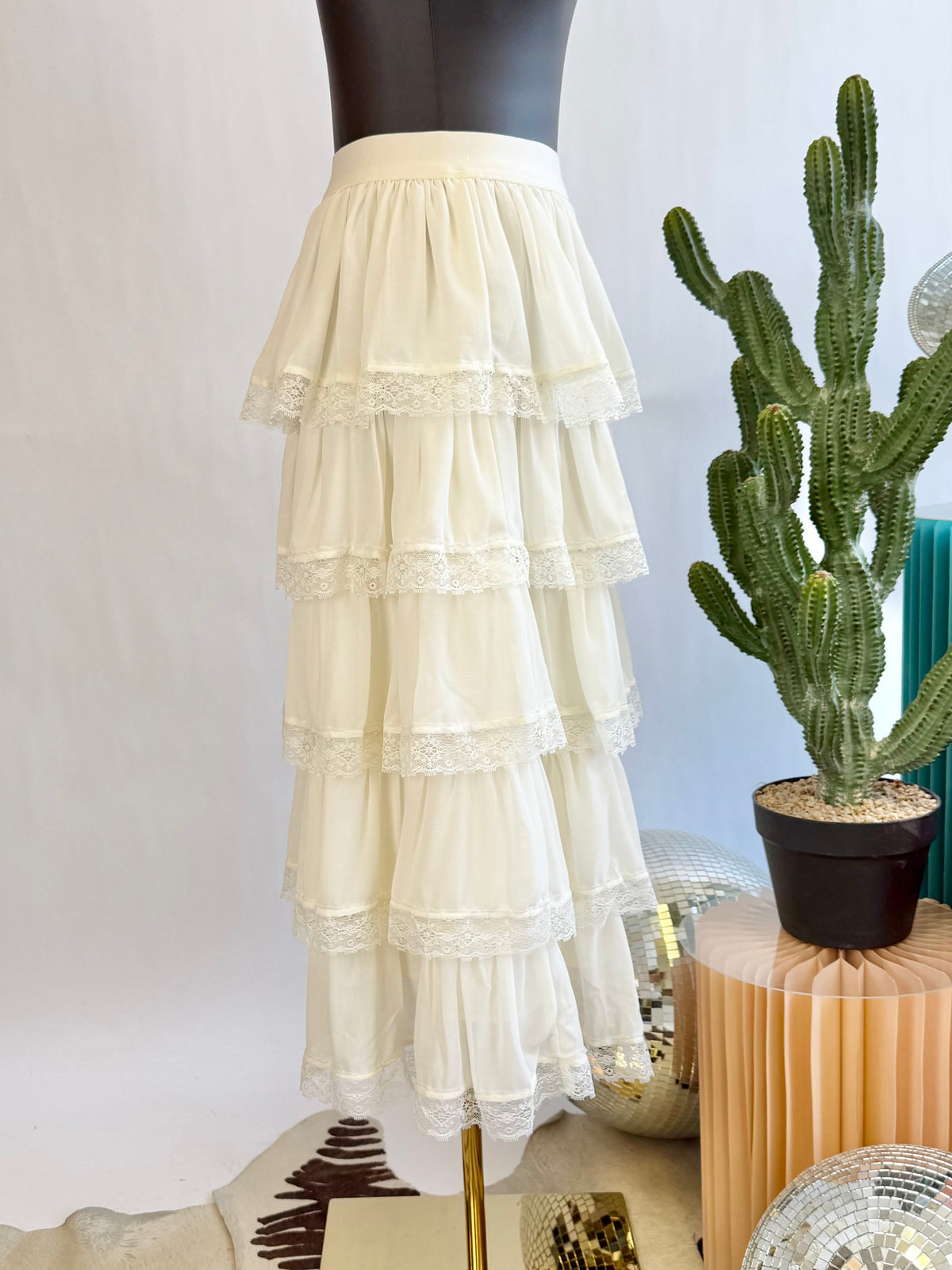 The White Romance Tiered Lace Skirt