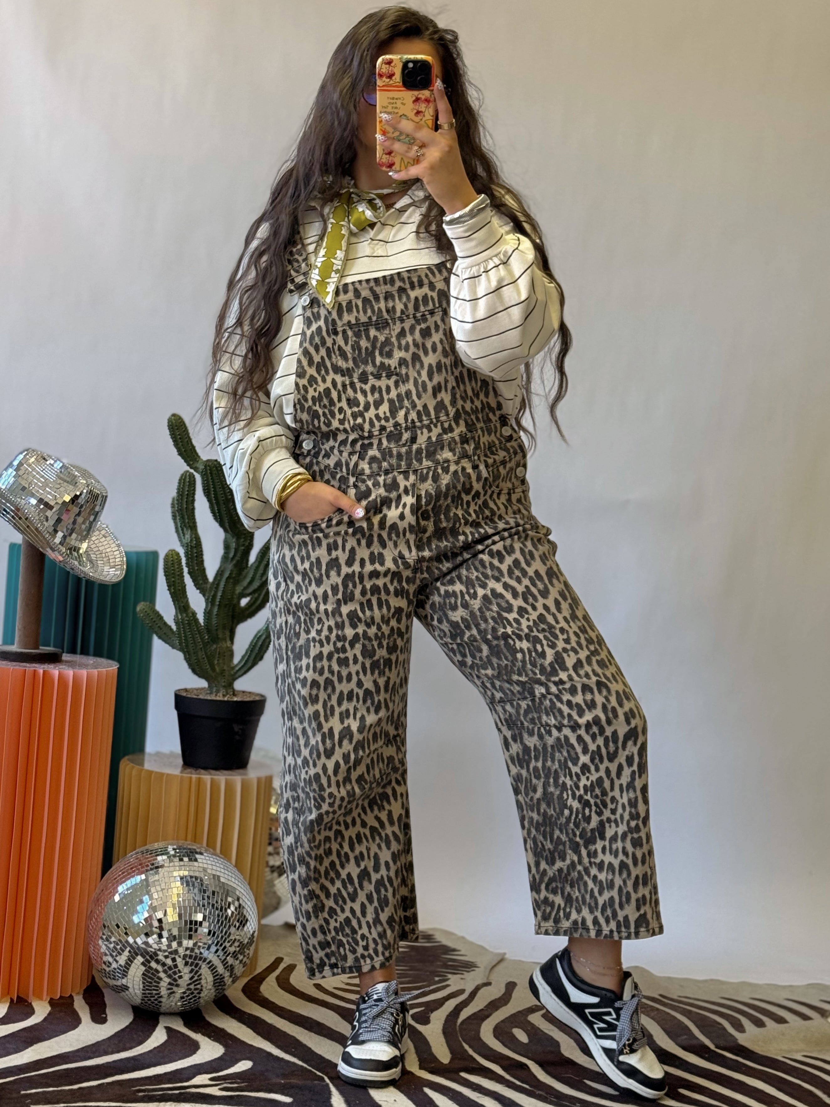 The Lala Leopard Barrel Overalls