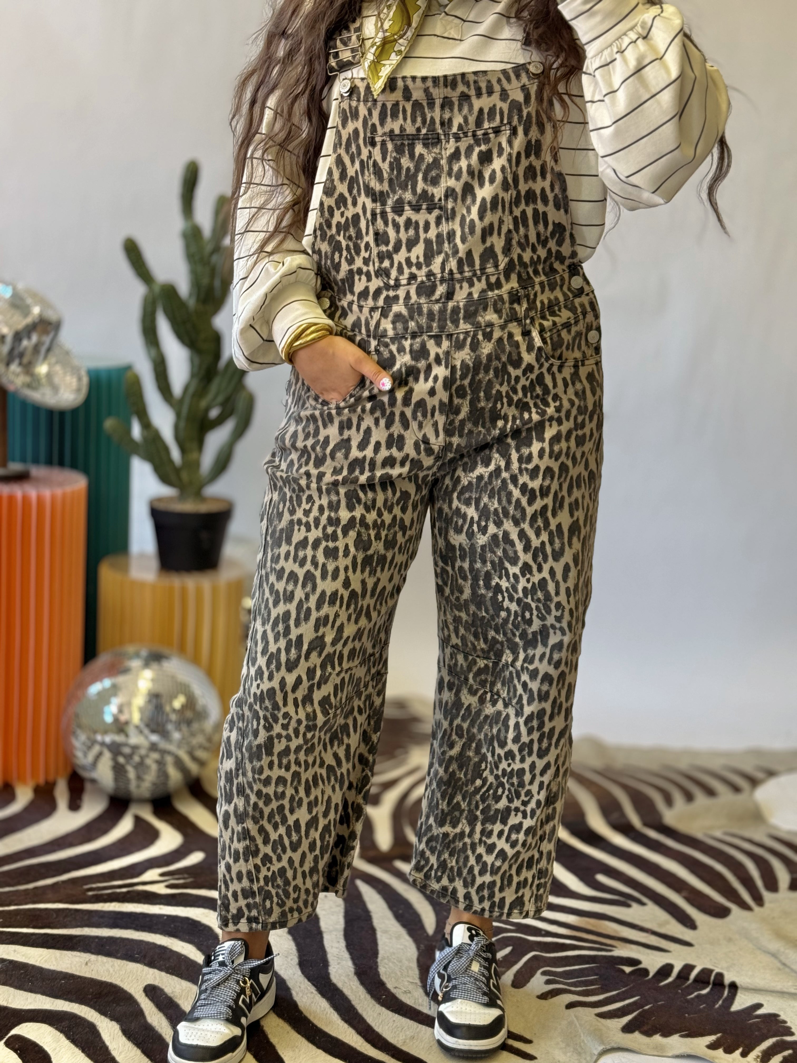 The Lala Leopard Barrel Overalls