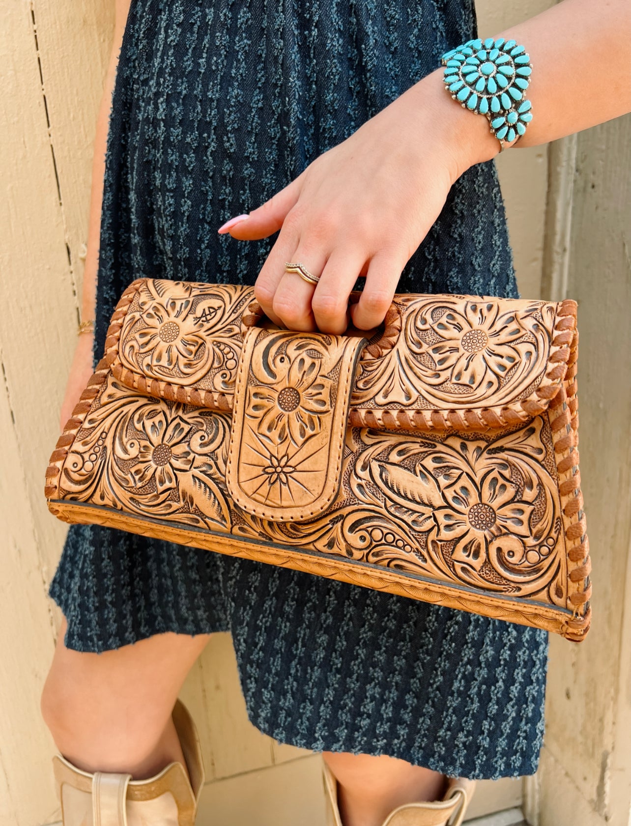 The American Darling Antique Tan Tooled Leather Purse