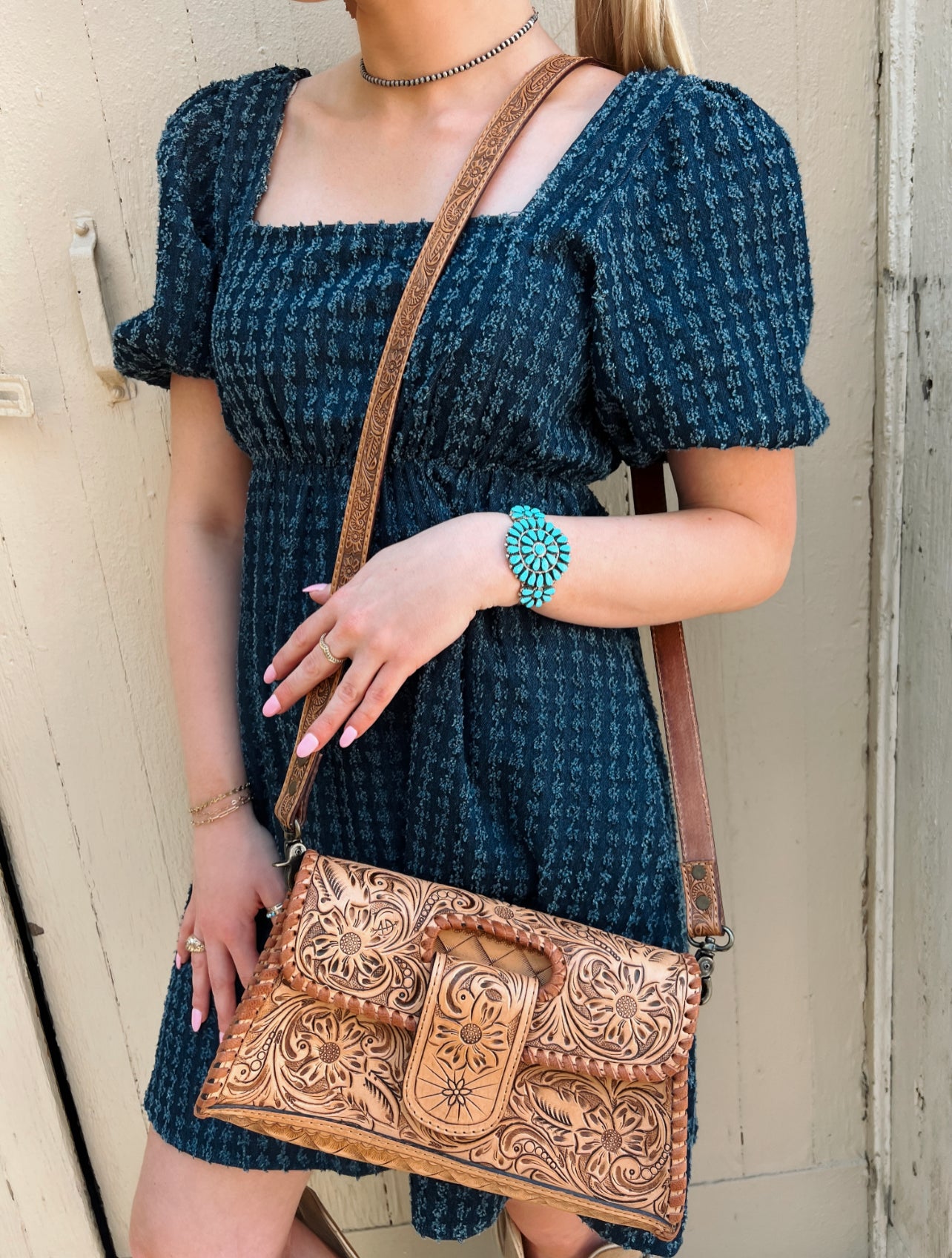 The American Darling Antique Tan Tooled Leather Purse