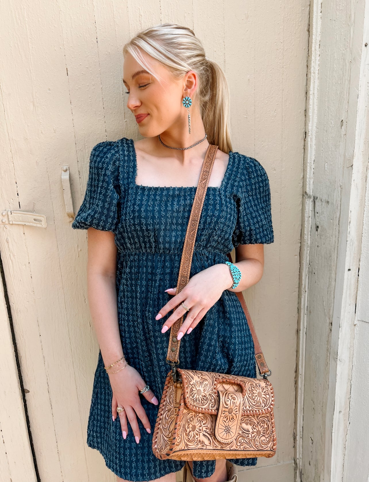 The American Darling Antique Tan Tooled Leather Purse