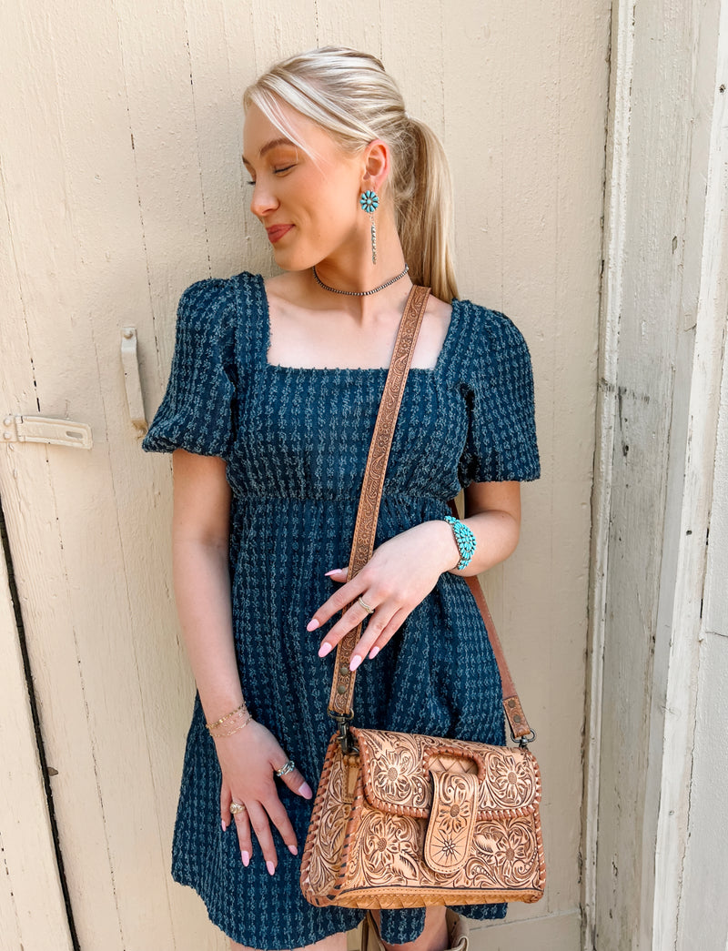 The American Darling Antique Tan Tooled Leather Purse
