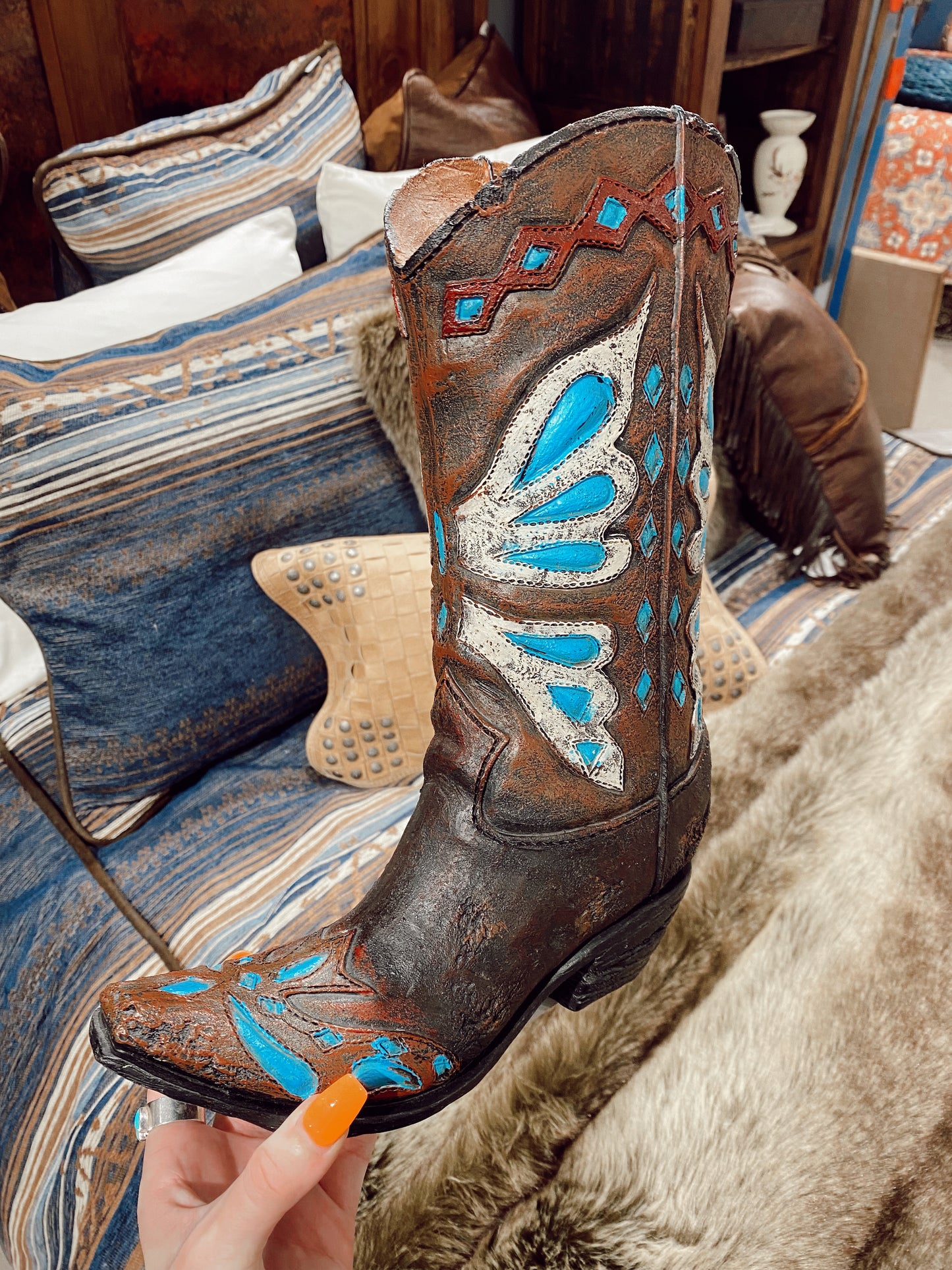 The Turquoise Butterfly Cowboy Boot Vase